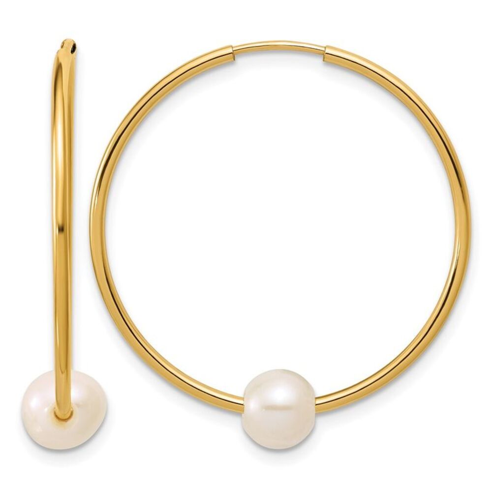 14K Gold Filled 5-6mm Round White FWC Pearl Hollow Hoop Earrings, 32mm